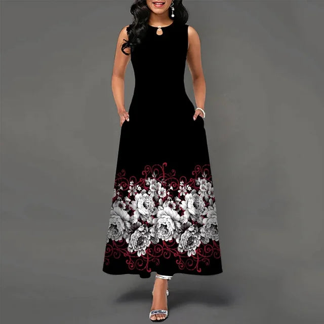 Women's V-neck Sleeveless Long Dress Retro Bohemian Dresses Floral Print Swing Casual New 