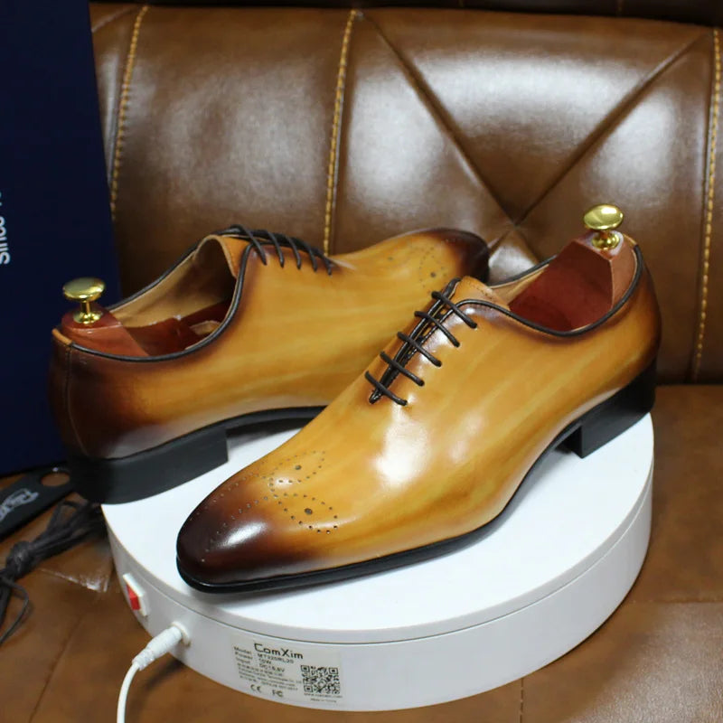 Men's Oxford Genuine Leather Wholecut Fashion Pointed Toe Lace-up Formal Business Wedding Dress Shoes