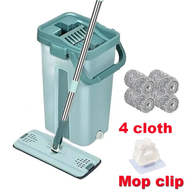 Flat Squeeze Mop with Bucket, Wringing Floor Cleaning, Microfiber Pads, Wet or Dry Use on Laminate Wood, Free Hand 