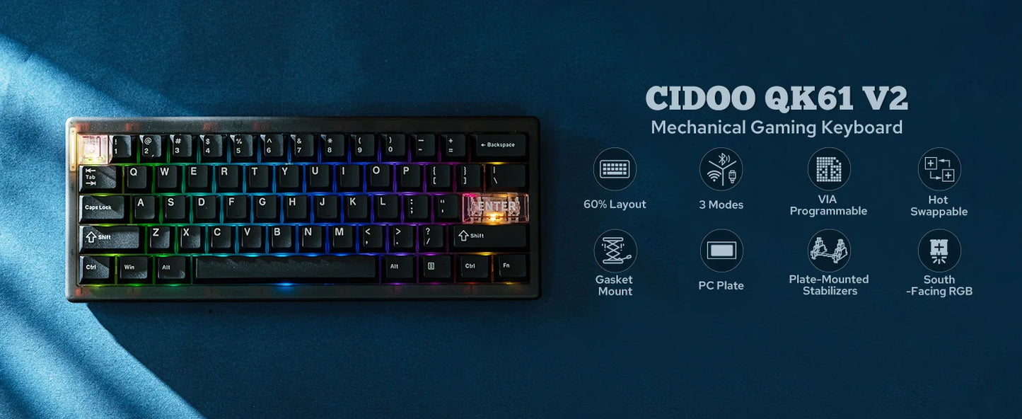 CIDOO QK61 V2 VIA-Programmable 60% Gasket Structure Wired/2.4GHz Wireless/Bluetooth Compact Keyboard with South-Facing LEDs