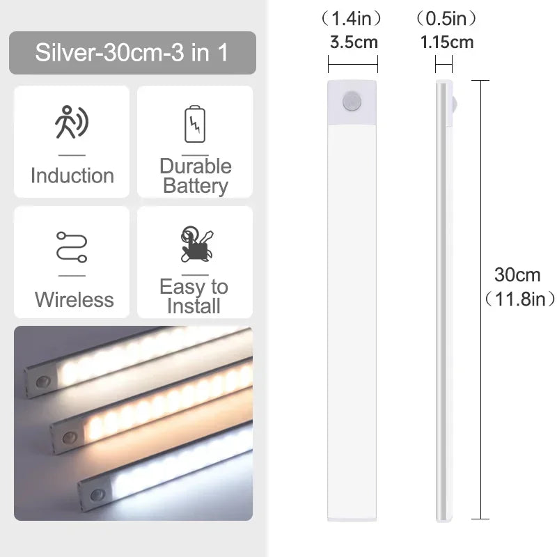 10-60cm led sob luzes do armário sensor de movimento luz noturna lâmpada sem fio recarregável para armário de cozinha quarto guarda-roupa luz
