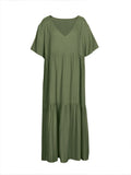 Plus Size 2025 Summer New V-neck Short Sleeve Pleated Solid Colour Loose Casual Midi Dress Basic Hem Pleated