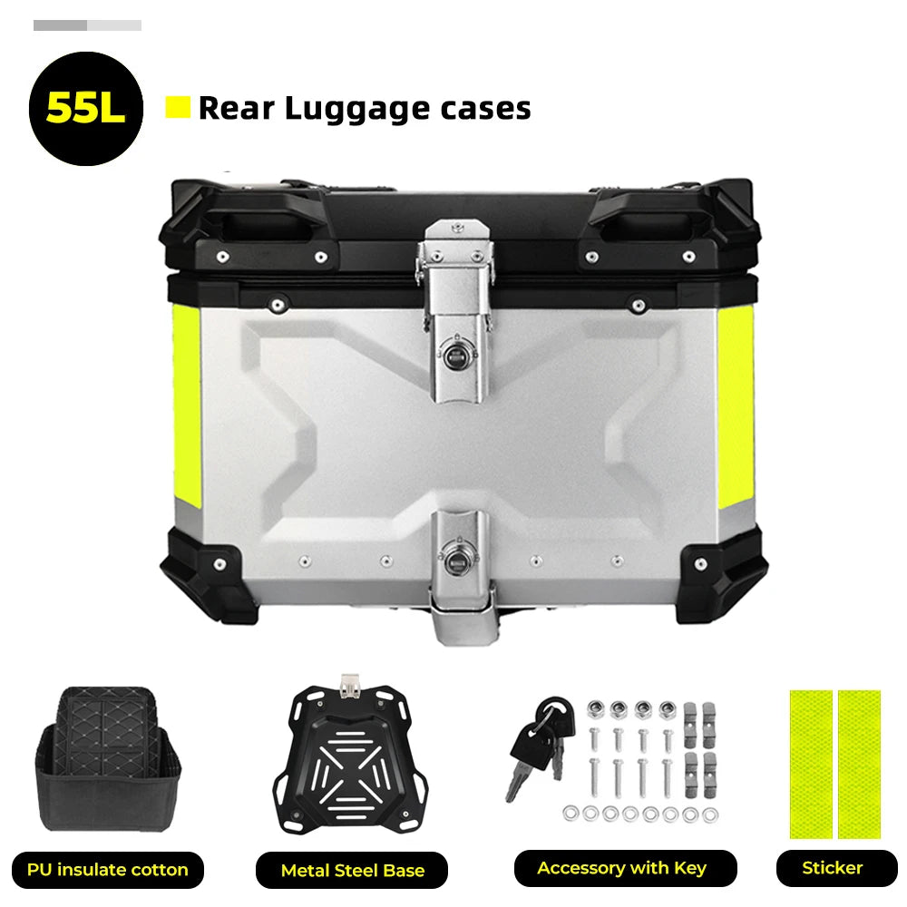 KEMIMOTO 45L/55L/65L Motorcycle Aluminum Case Tail Box Trunk with backrest Universal Top Tail Rear Luggage Tool Storage Box