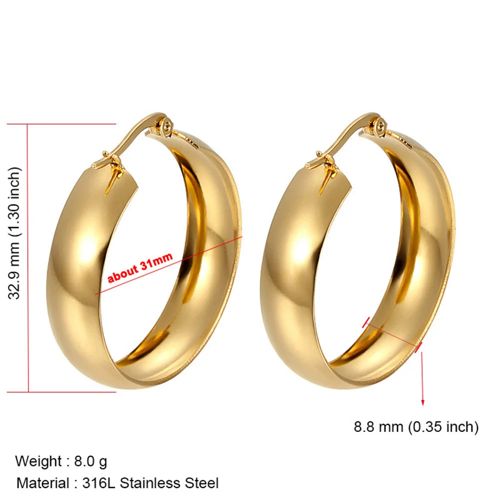 Stainless Steel Earrings for Women, Simple Plain Round Earrings, Gold Color, Wide Fashion Jewelry, Party Gift, 21mm, 31mm, 39mm Width