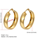Stainless Steel Earrings for Women, Simple Plain Round Earrings, Gold Color, Wide Fashion Jewelry, Party Gift, 21mm, 31mm, 39mm Width