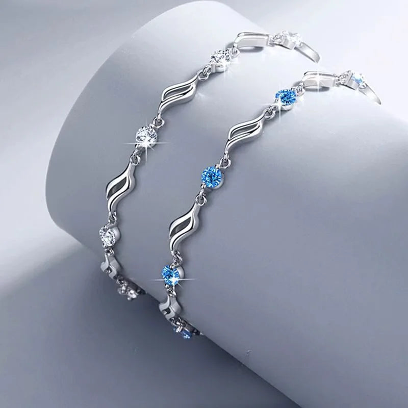 Pulseras retro de plata de ley 925 con cristales azules para mujer, diseño coreano, pulseras huecas ajustables, joyería de lujo para fiestas, regalo. 