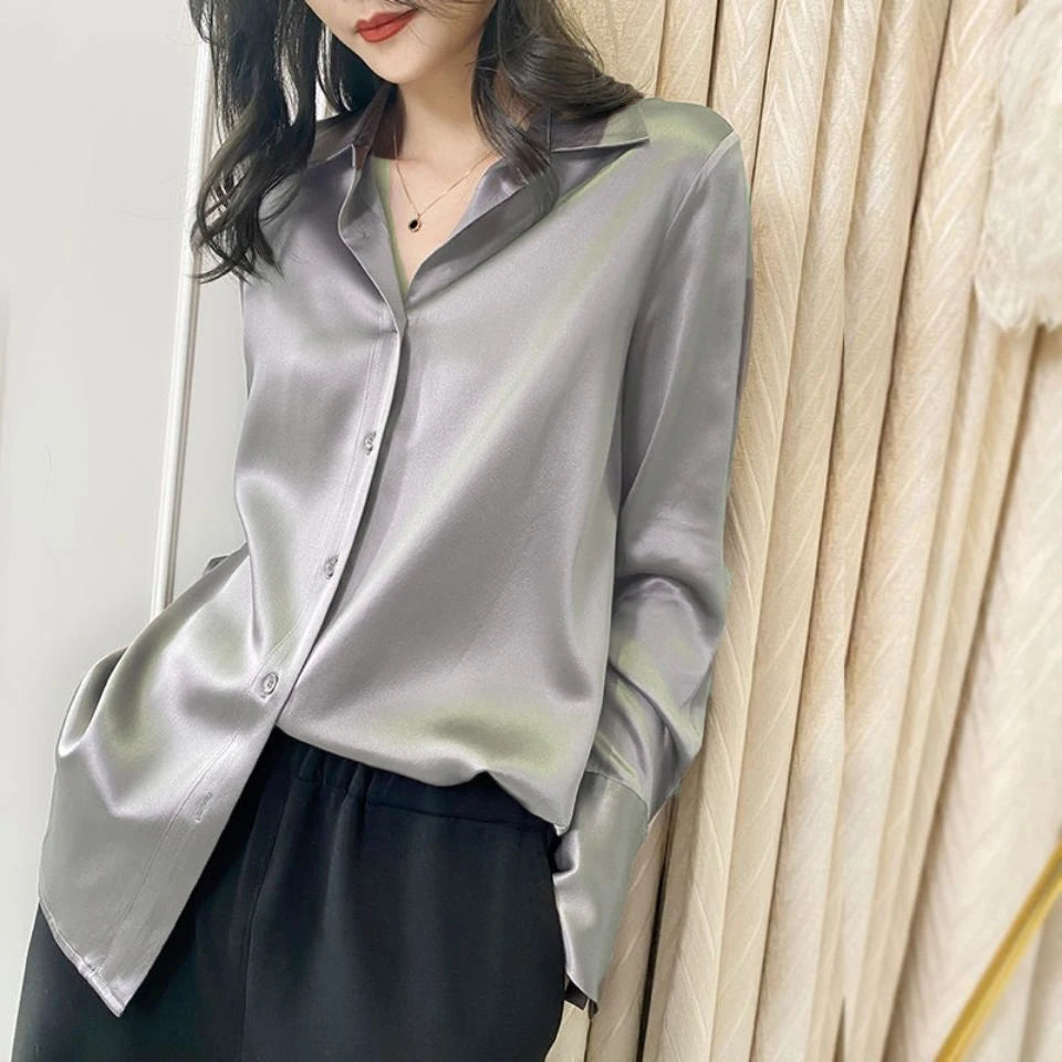 Camisas y blusas de satén de manga larga para mujer, estilo informal y elegante, tendencia de verano 2024, para oficina, ropa ajustada para mujer