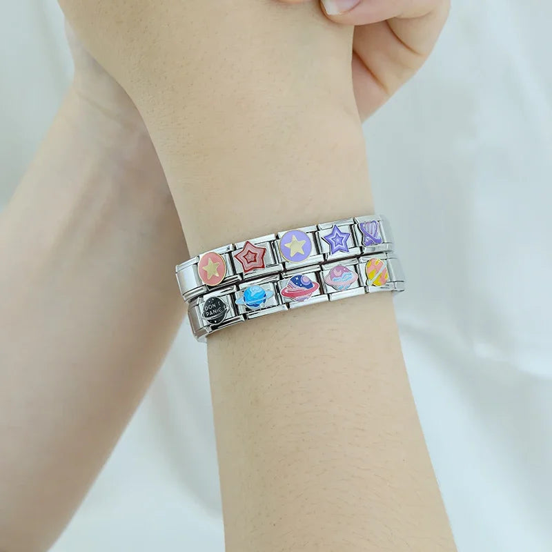 Hapiship 2024 estrela feminina universo planetário italiano encantos links contas caber 9mm pulseira de aço inoxidável diyjóias presente zh028
