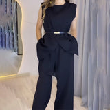 Two Piece Sets Women Pants Set Round Neck Belt Sleeveless White High Waist Tops Solid Wide Leg Long Pants Slim Fit Elegant