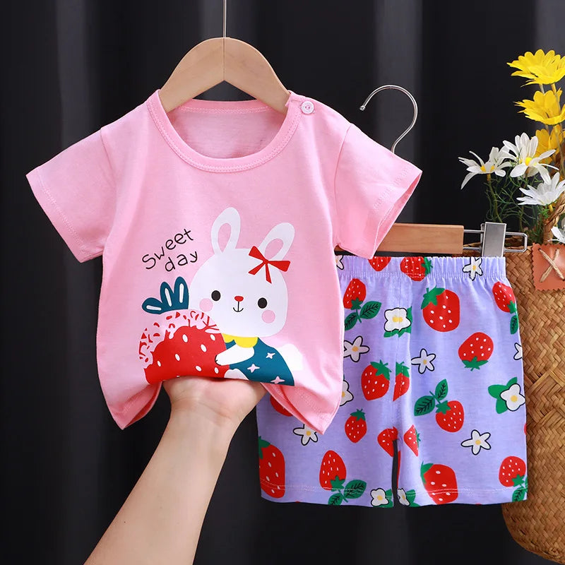 New Boys Summer Clothing Set Full Bear Print Cotton Short Sleeve T-shirts and Shorts 2PCS Breathable Outfit For Girls