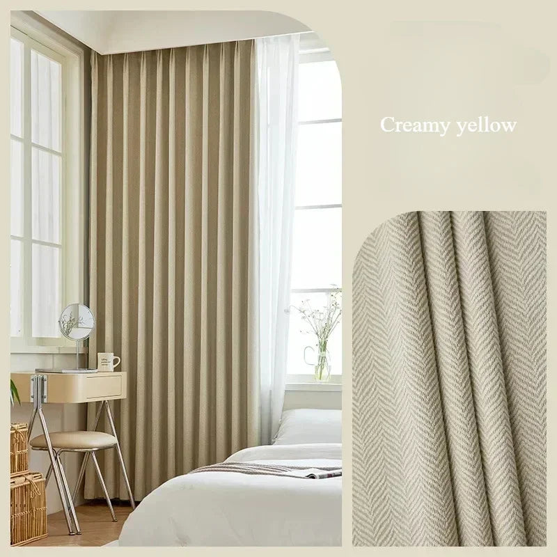Herringbone Chenille Beige Thickened Blackout Curtains for Living Room Dining Room Bedroom Solid Color Luxury Curtains Custom