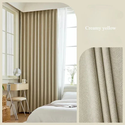 Herringbone Chenille Beige Thickened Blackout Curtains for Living Room Dining Room Bedroom Solid Color Luxury Curtains Custom