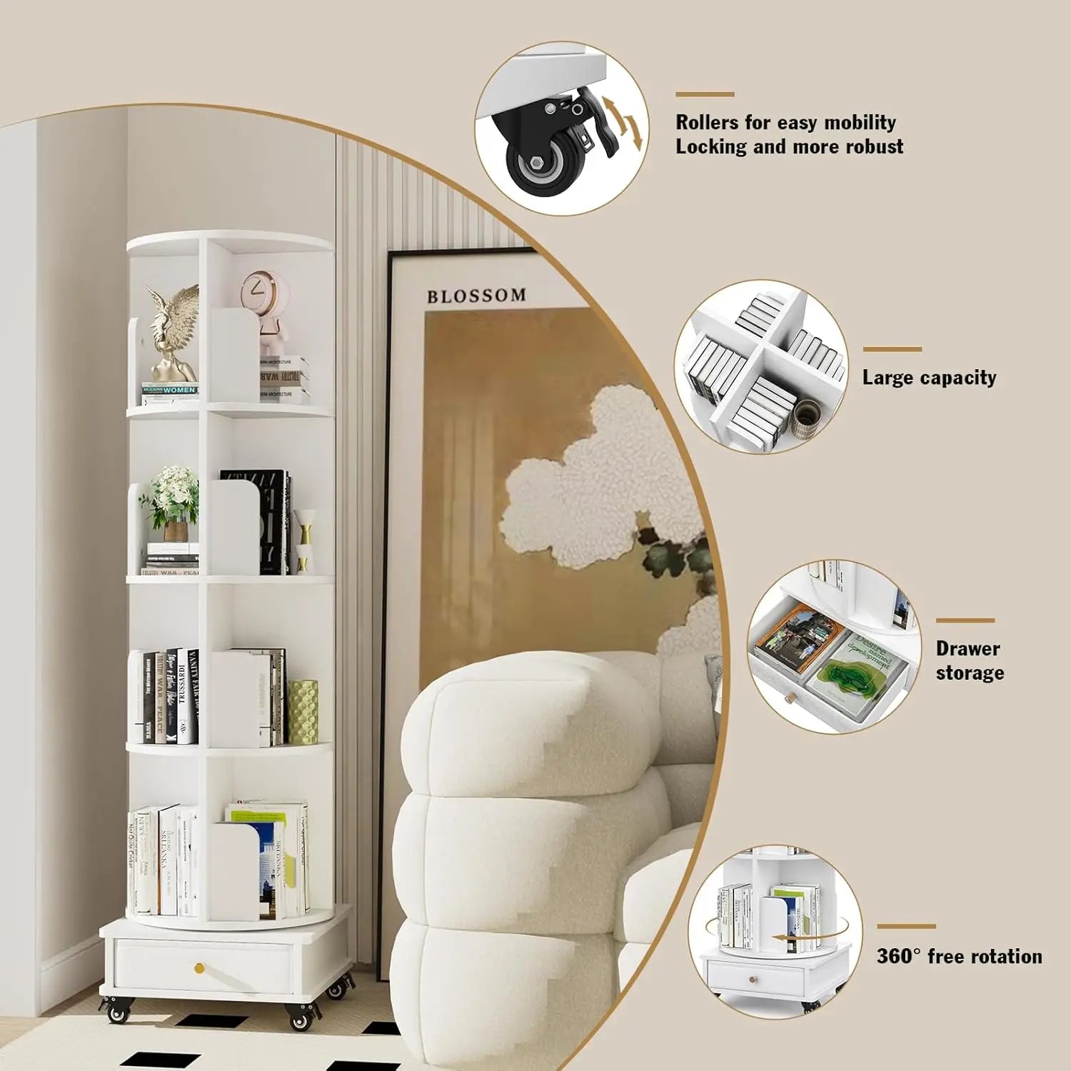 Wooden 4-layer Corner Bookshelf Can Rotating Movable Bookshelf With Single Drawer/Wheels/Storage Shelf For Study/Bedroom/Home