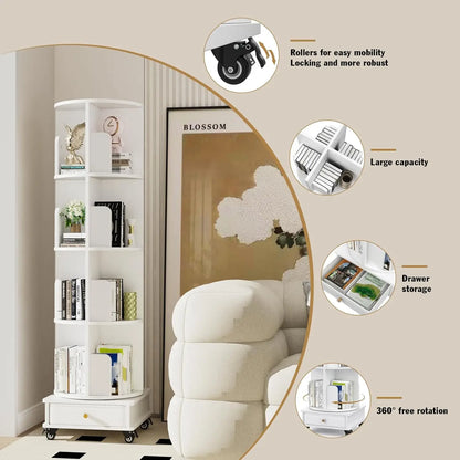 Wooden 4-layer Corner Bookshelf Can Rotating Movable Bookshelf With Single Drawer/Wheels/Storage Shelf For Study/Bedroom/Home