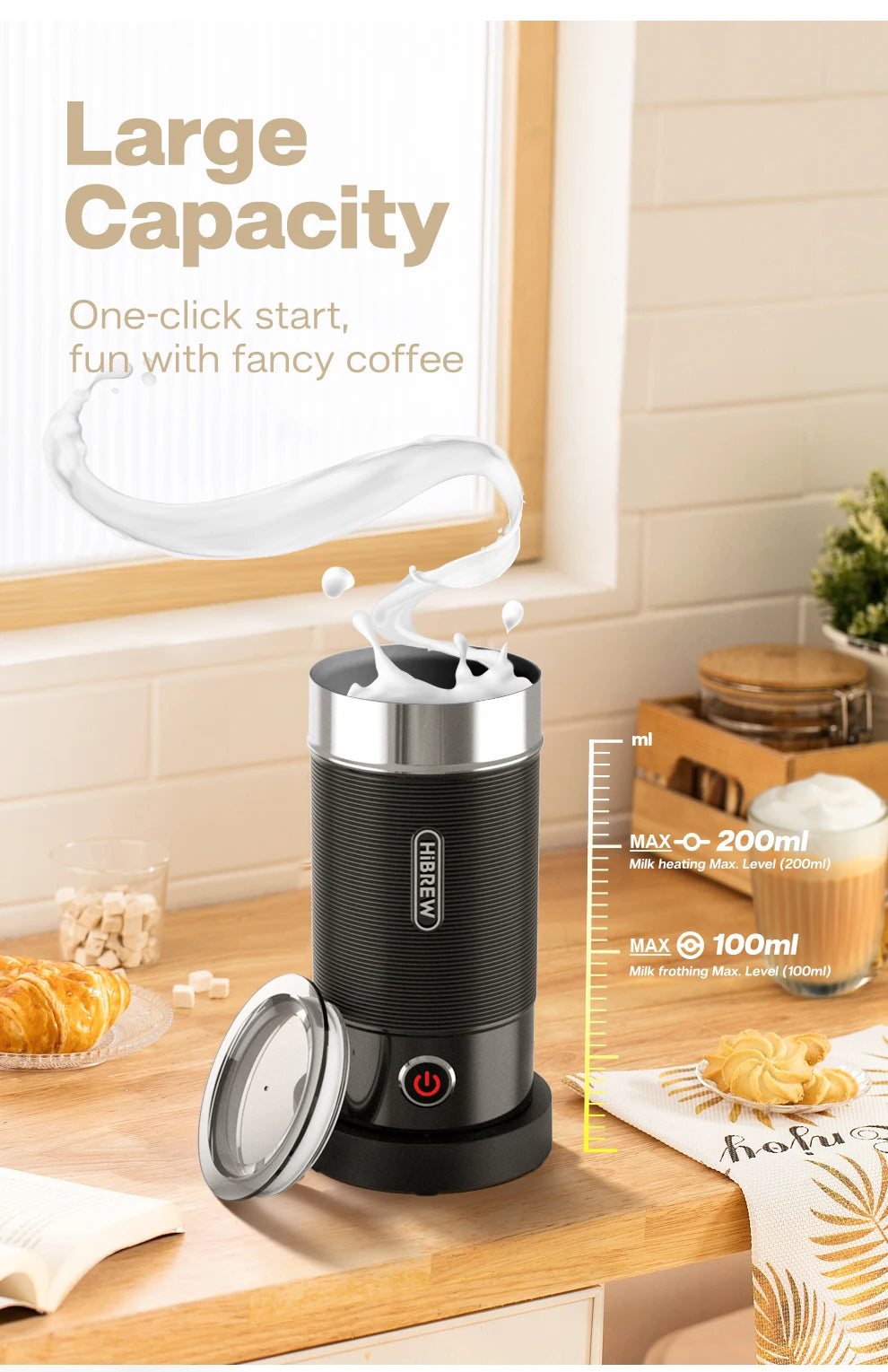 HiBREW Milk Frother Frothing Foamer Chocolate Mixer Cold/Hot Latte Cappuccino Fully Automatic Milk Warmer Cool Touch M1A