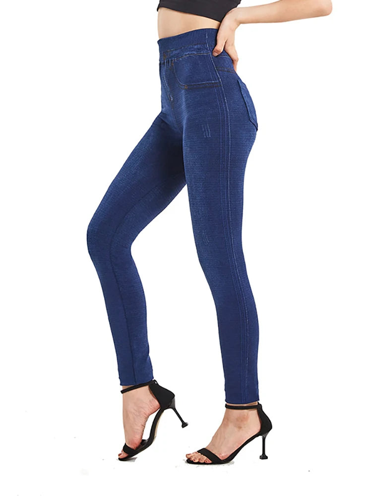 Visnxgi elástico cor sólida plus size jeggings moda jeans falsos feminino apertado sem costura bolso leggings calças lápis macias