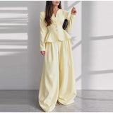 Solid Yellow Pant 2 Piece Set Women's Full Sleeves Buttons Waist-cinching Coats Wide-leg Trousers 2026 New Ladies Autumn Outfit
