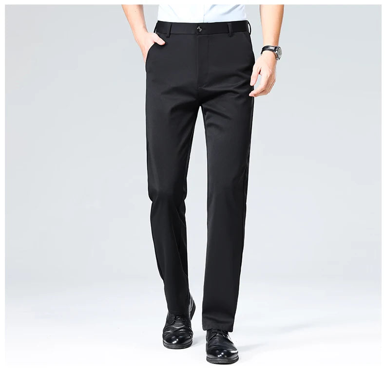 Pantalones de talla grande para hombre, pantalones de traje de negocios, pantalones de vestir formales elásticos, pantalones negros clásicos para hombre grande