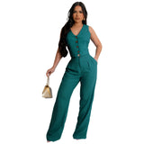 Fashion Sleeveless Vest Pants Women's Solid Color Suit Spring Summer V-Neck Ultra Short Top + Slim Pants Female Office 2 Piece Set