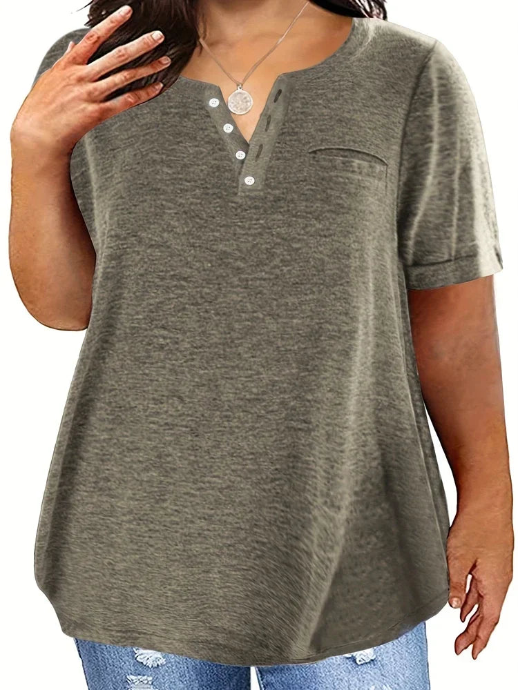 Plus size 1xl-8xl feminino solto topos senhoras casual com decote em v manga curta bolso camiseta primavera e verão novo estilo