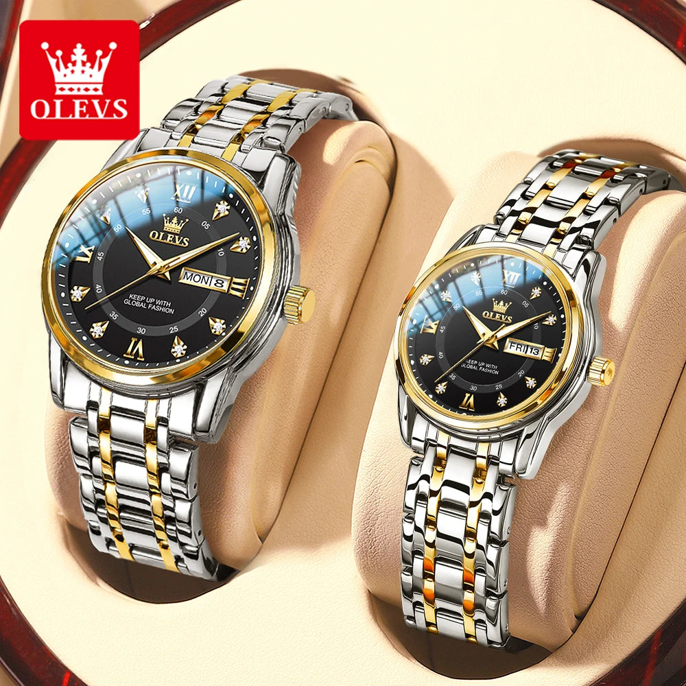 Olevs 5513 moda casal relógio de aço inoxidável à prova dwaterproof água duplo calendário na moda relógio de quartzo para homem e mulher relógio original