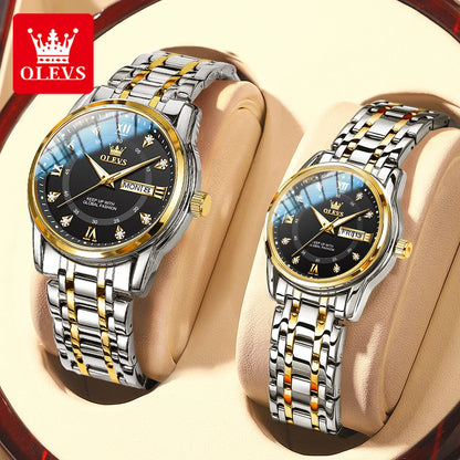Olevs 5513 moda casal relógio de aço inoxidável à prova dwaterproof água duplo calendário na moda relógio de quartzo para homem e mulher relógio original