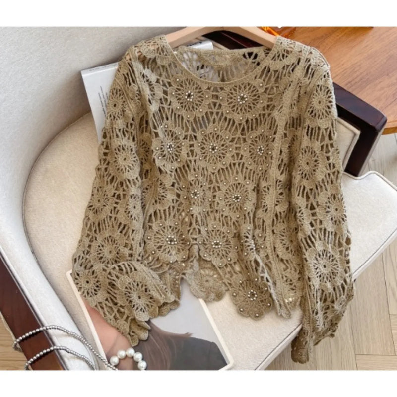 Casual Long Sleeve Elegant cardigan Beading O-neck Chic Vintage Hook Flower Hollow Out Top Plus Size Clothing