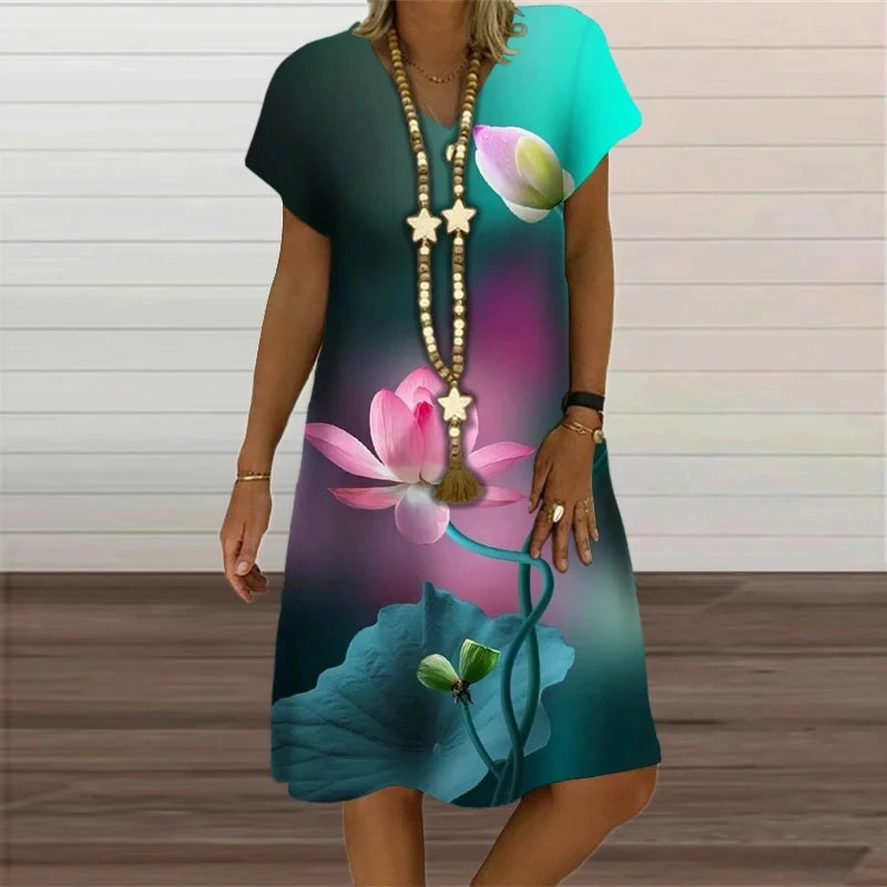 6XL Summer Plus Size Dresses Women Plant Flower Print Loose Dress Casual V-Neck Short Sleeve Knee-Length Dress Vestidos Sundress