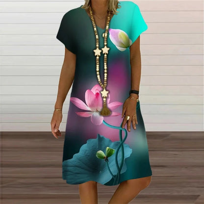 6XL Summer Plus Size Dresses Women Plant Flower Print Loose Dress Casual V-Neck Short Sleeve Knee-Length Dress Vestidos Sundress