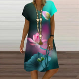 6XL Summer Plus Size Dresses Women Plant Flower Print Loose Dress Casual V-Neck Short Sleeve Knee-Length Dress Vestidos Sundress