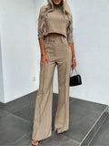 Elegante conjunto de dos piezas de color liso para mujer, traje de oficina, top corto informal y pantalones de cintura alta, otoño 2024