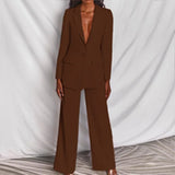 Blazer de color liso para mujer, traje elegante, pantalones rectos ajustados, conjunto de 2 piezas para oficina, otoño e invierno