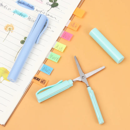 Tijeras portátiles con forma de bolígrafo, tijeras plegables creativas y seguras, herramienta multifunción para cortar papel, suministros para la escuela y la oficina.