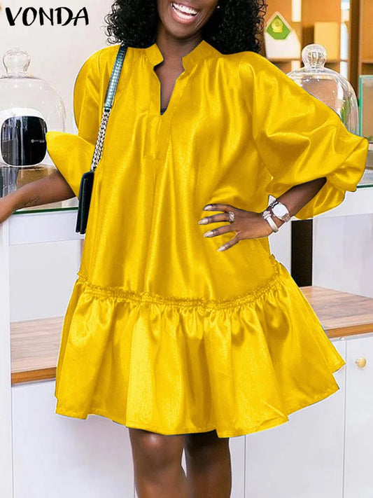 Vestido de verano VONDA 2024 de talla grande 5XL, estilo bohemio, con mangas cortas tipo farol, de satén, minivestido con escote en V, liso, elegante, para fiesta.