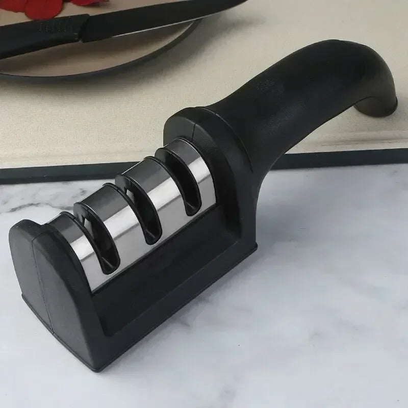 Afilador de cuchillos de 3 segmentos, afilador de cuchillos de cocina, piedra de afilar de acero inoxidable de tres usos para utensilios de cocina.