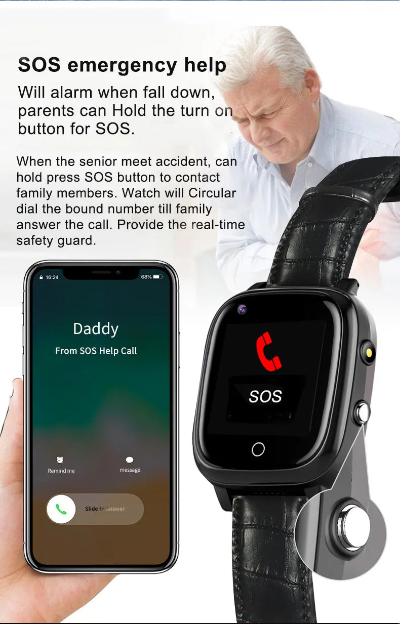 Smart Watch for Elderly Fall Detection GPS Positioning 4G SIM Card SOS Phone Call Heart Rate T