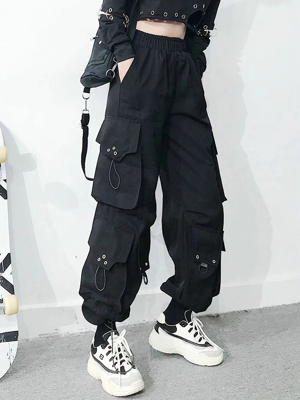 Pantalones cargo para mujer 2023, pantalones harén de moda con bolsillos punk, pantalones deportivos con cadena, elásticos Harajuku, cintura alta, ropa de calle.