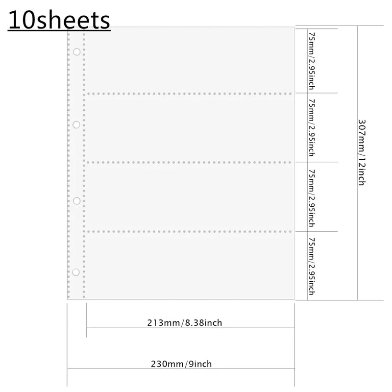 PLRBOK A4 Clear 10 Pcs Photo Album Refill Pages File Protector 4 Hole 6×4 10×15 4 Ring Binder Photocards Postcard Card Notebook