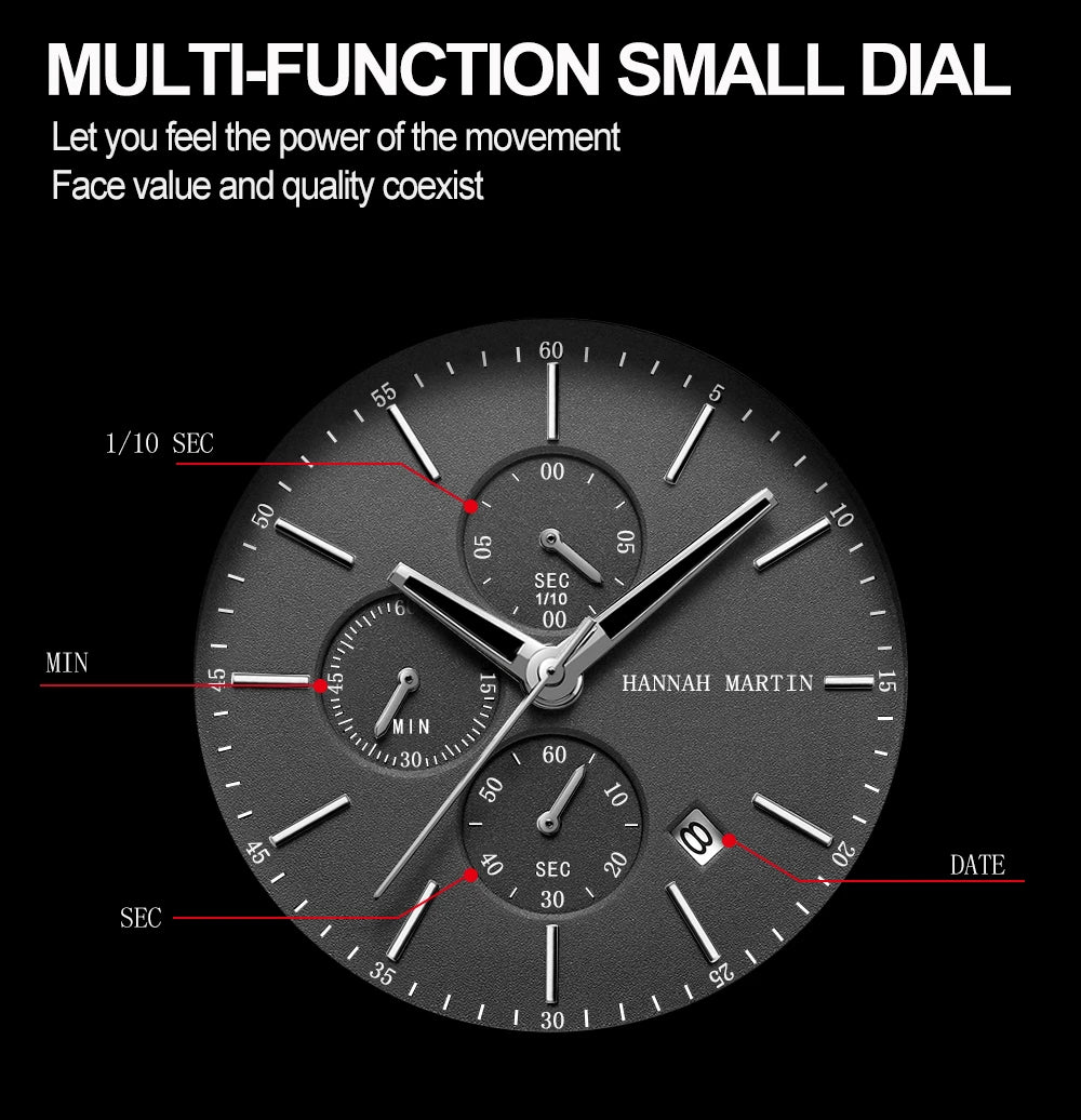 HANNAH MARTIN Brand Men Watch Black Stainless Steel Waterproof Fashion Sports Multifunctional Quartz Wristatch Relogio Masculino