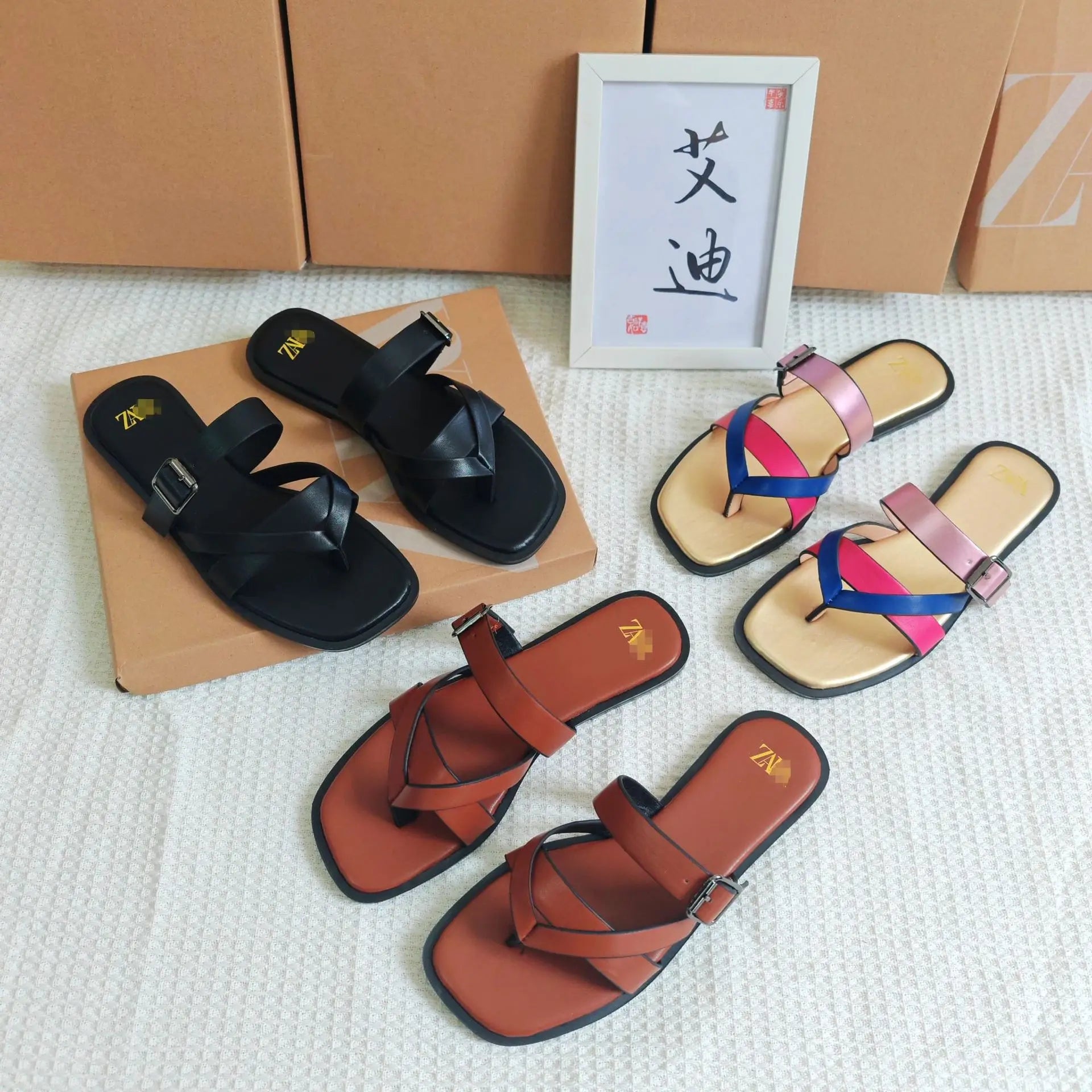 Women's Flat Sandals Crossbody Slip-On Casual Shoes Synthetic Leather Upgraded TPR Lightweight Wear-Resistant Flats