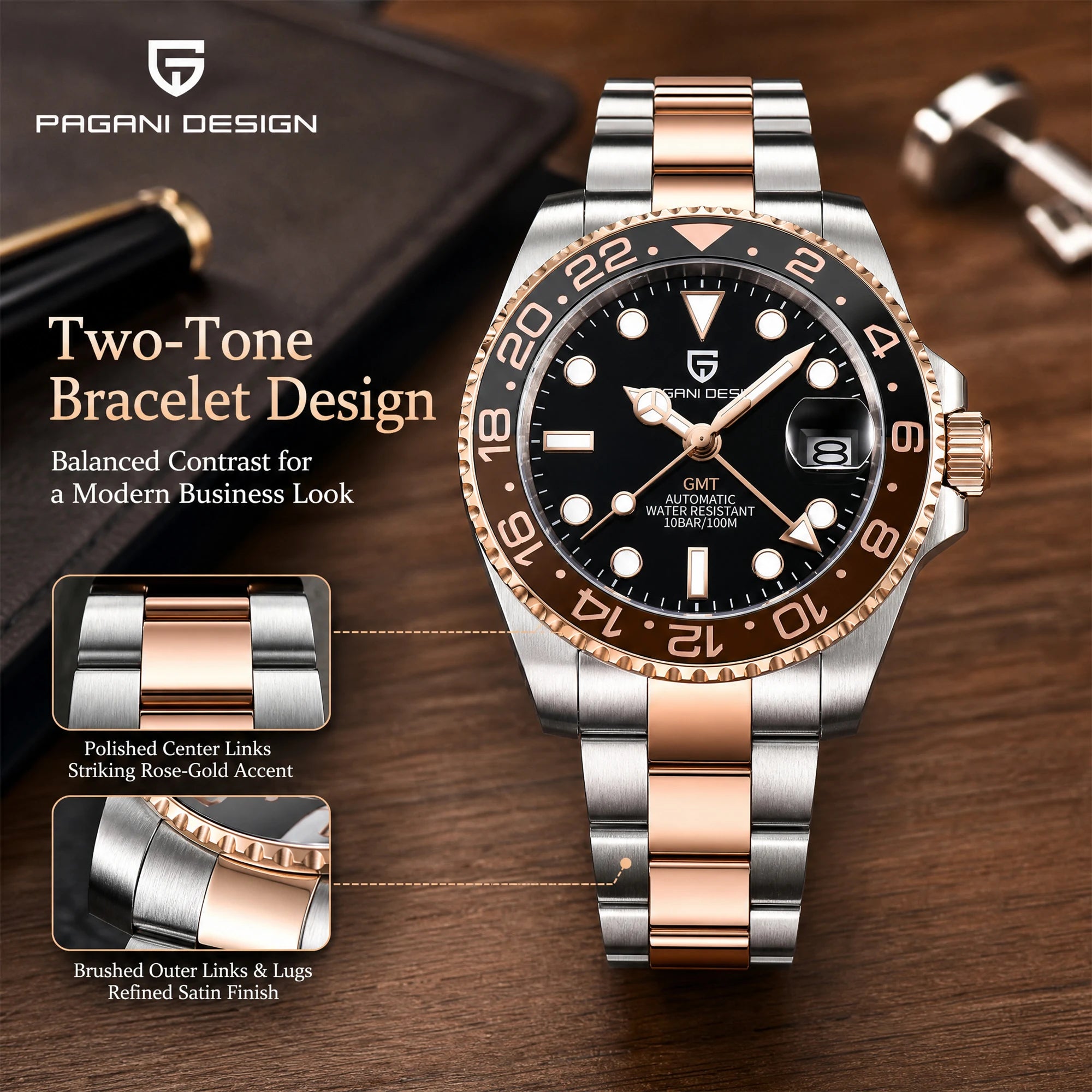 Relógio Masculino Mecânico de Luxo PAGANI DESIGN 2026 – Aço Inoxidável, Função GMT, Vidro de Safira – Marca de Alto Padrão