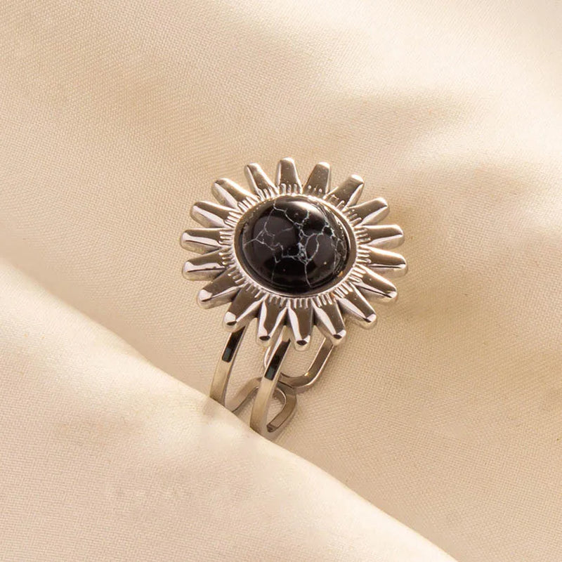 1pc Boho Turquoise Ring Stainless Steel Black Stone Silver Color Adjustable Ring Women Ethnic Ring Bohemian Jewelry Gift No Fade