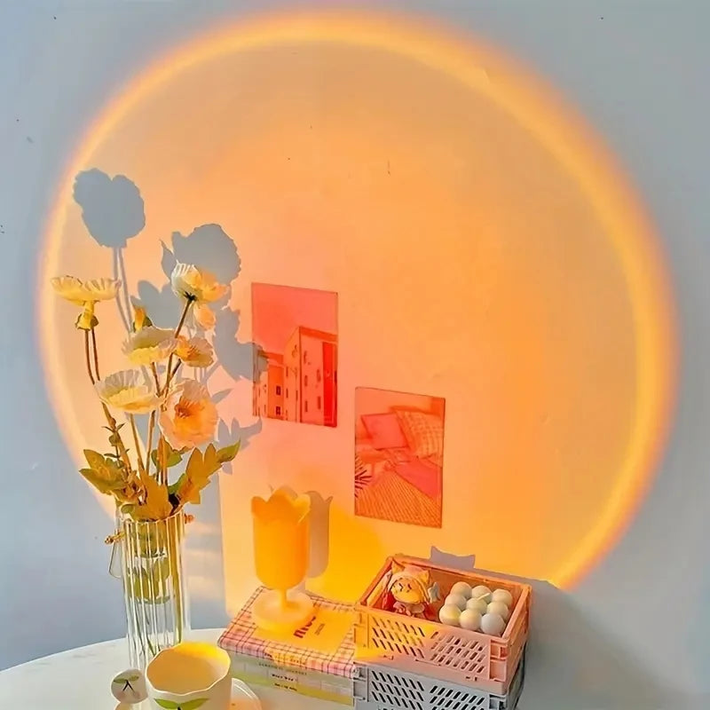 Luminária de Projeção de Pôr do Sol, Lâmpada de Atmosfera USB para Decoração, Rotativa em Vários Ângulos, Ideal para Sala de Estar e Quarto
