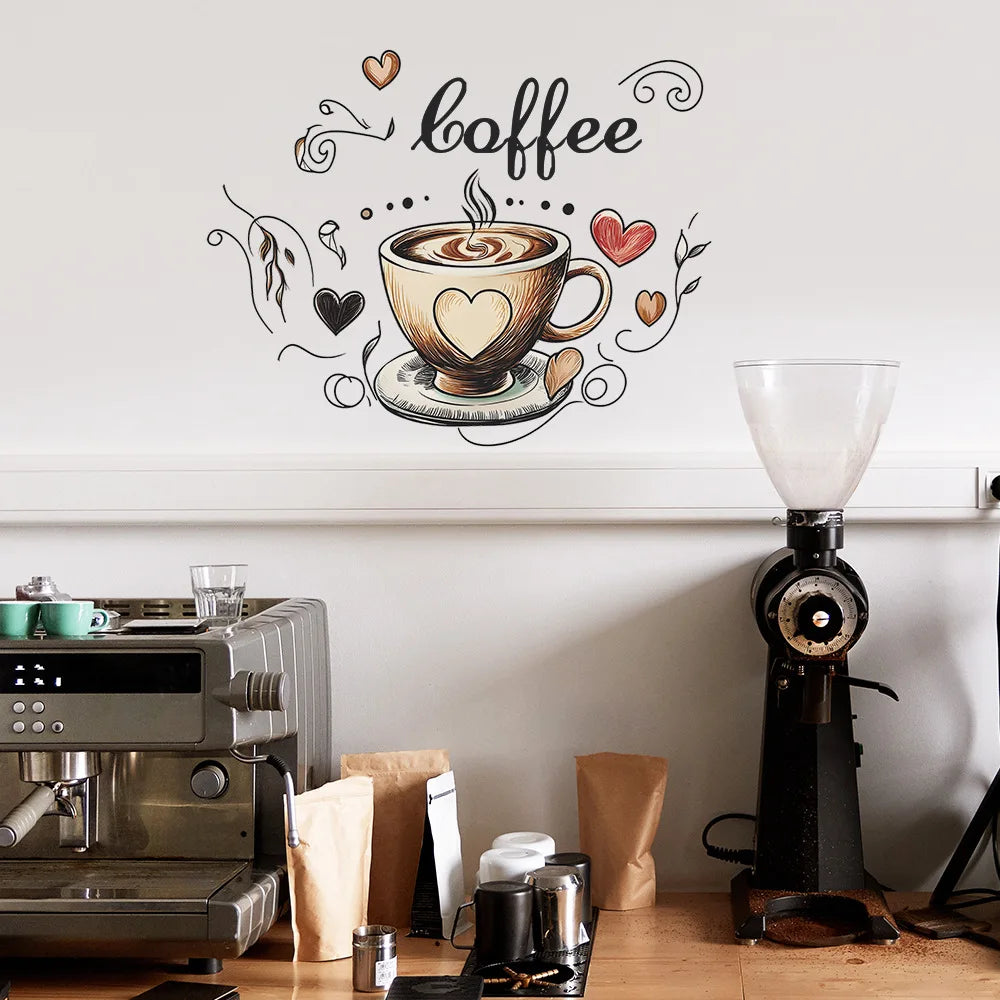 Creative Love Coffee Cup Wall Stickers For Cafe Background Decoration Wallpaper Kitchen Beautify Home Decor Self-adhesive Decals