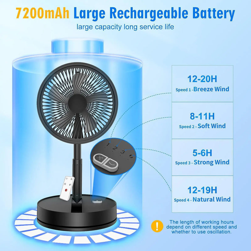 Wireless Folding Desk Fan Telescopic Outdoor Travel Camping Floor Low Noise Fan With 7200 mAh USB Rechargeable Fan  Standing Fan