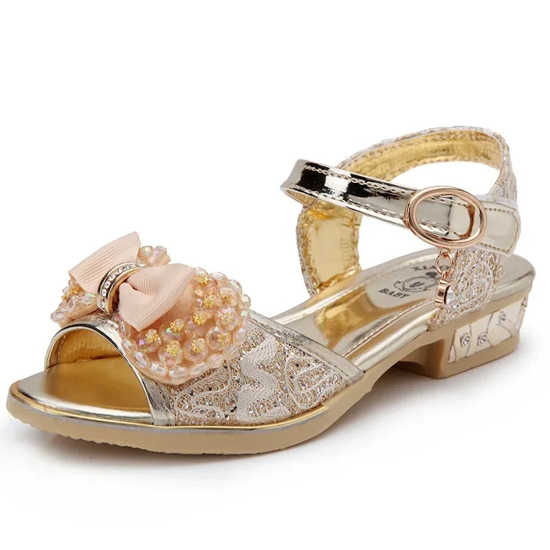 Girls Princess Shoes Summer Children High Heels Open-toe Party Wedding Toddler Sandals Non-slip Kids Casual Sequins Beach Shoes