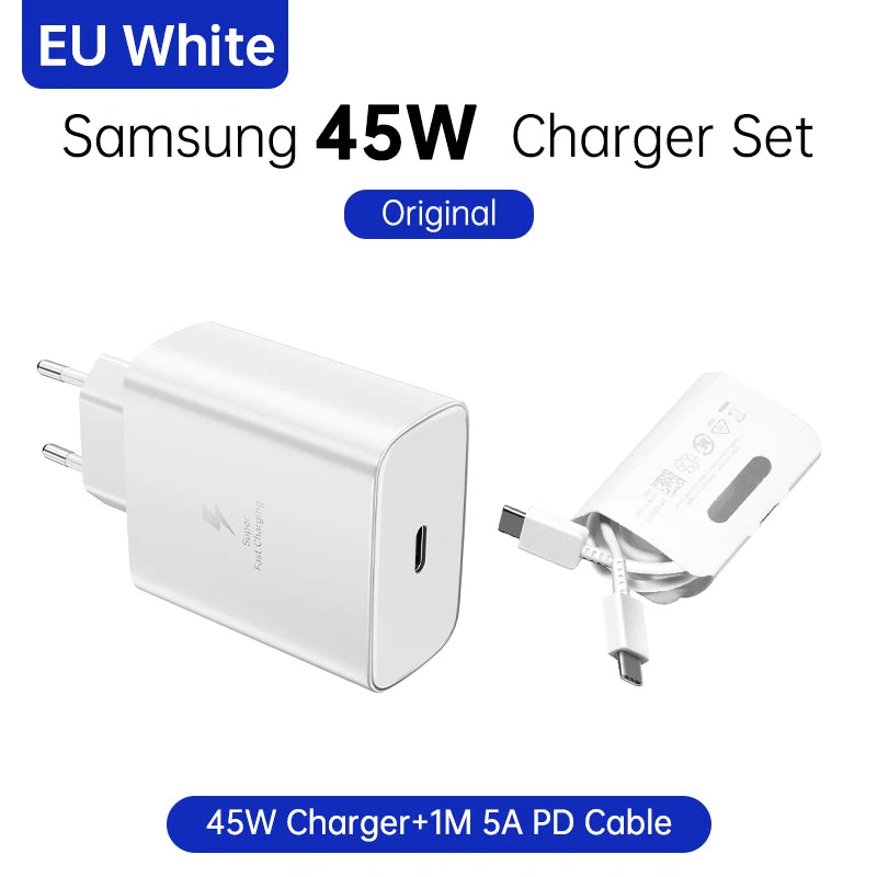 Cargador de pared Samsung PD de 45 W, carga superrápida, original de EE. UU., cable USB C a tipo C de 5 A, para Galaxy S25, S24, S23, S22 Ultra, A54, A53 y Note20.