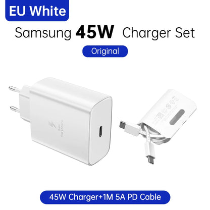 Cargador de pared Samsung PD de 45 W, carga superrápida, original de EE. UU., cable USB C a tipo C de 5 A, para Galaxy S25, S24, S23, S22 Ultra, A54, A53 y Note20.