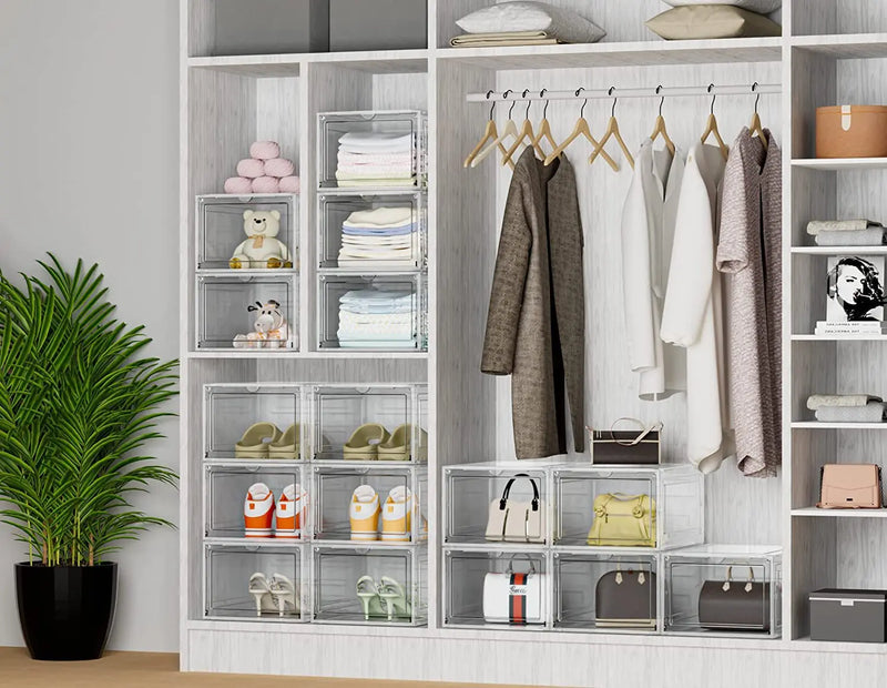 Caja de zapatos de acrílico transparente, tamaño 48, grande, gruesa, antioxidante, apertura frontal, apertura lateral, caja de zapatos AJ con succión magnética