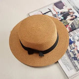 COKPanama Simple Summer Beach Sun Protection Bowknot French-Style Small Hat, Women's Casual Flat-Brimmed Straw Hat with Bow